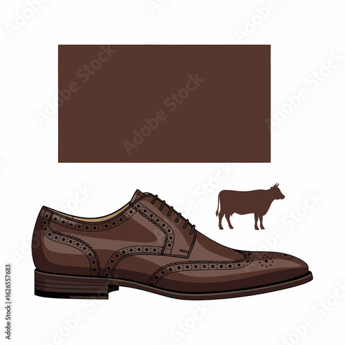 Classic brogue wingtip leather shoe with wing tip detailing and detailed stitching in rich brown color next to cow icon and color swatch