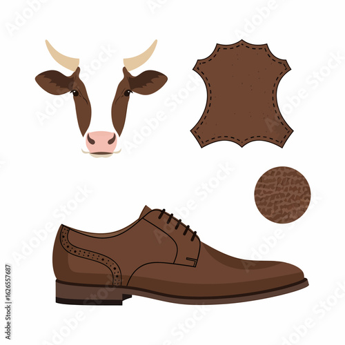 Brown leather oxford shoe with detailed stitching alongside cow head and leather sample
