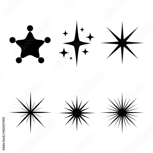 A versatile set of black star and sparkle icons, featuring various starbursts and a sheriff badge shape. Minimalist graphic elements for design.