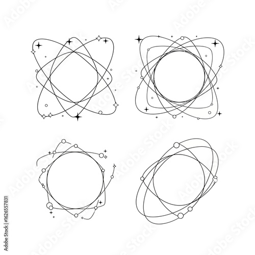 Set of abstract atomic orbit line art frames. Collection of scientific and cosmic orbital path illustrations with stars and planets.