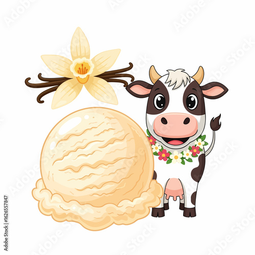 Delicious vanilla ice cream scoop with a cute cow and vanilla beans