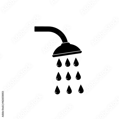 Simple black shower head icon with falling water drops. Bathroom and hygiene symbol.