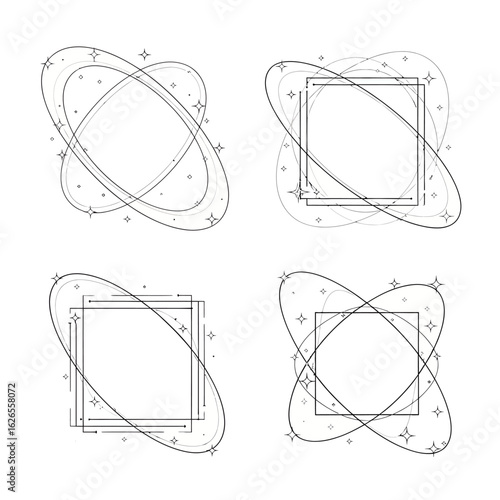 Collection of abstract square frames with orbiting rings and sparkles. Minimalist geometric line art borders for futuristic design.