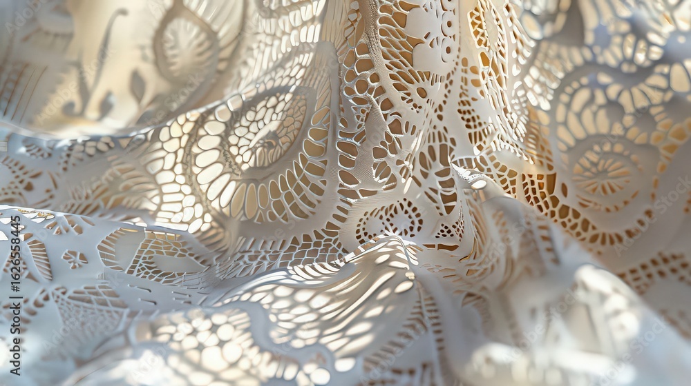 Fototapeta premium Close up of an intricate white lace fabric with shadows creating a delicate pattern on the surface