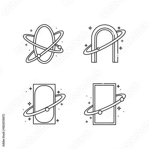 A conceptual set of cosmic portal icons in thin line style. Abstract geometric shapes with orbital rings and sparkles.