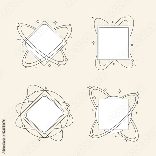 Set of four abstract retro-futuristic frames with atomic orbits and stars. Conceptual line art design for labels and badges.