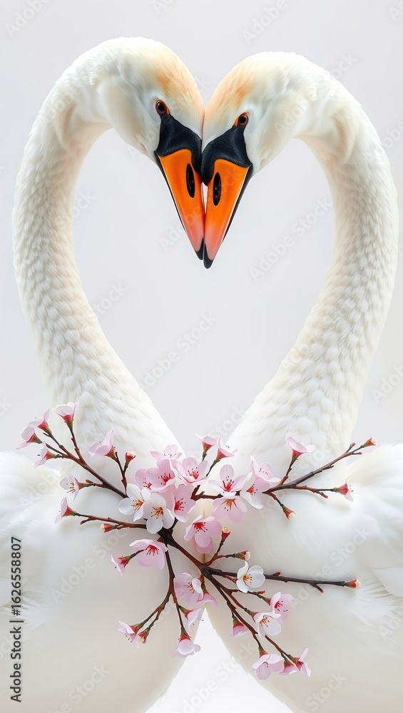 Obraz premium Romantic swans forming heart shape with cherry blossoms on soft neutral background