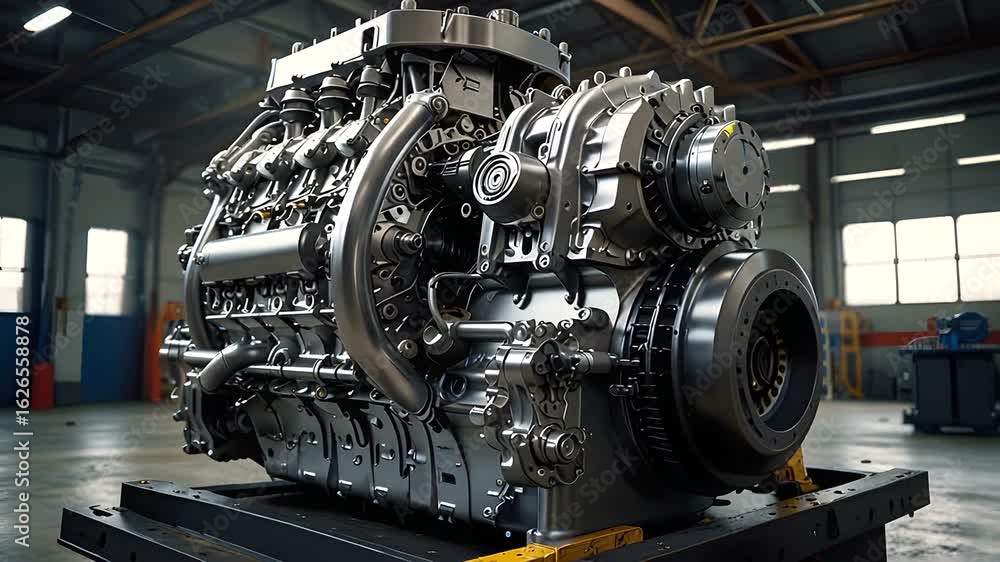High-Quality Stock image of disassembled truck engine in repair service. Heavy machinery, diesel motor vehicle part close-up. Red truck blurred background. Maintenance, repair. High-Quality Stock image of disassembled truck engine in repair service. Heavy machinery, diesel motor vehicle part close-up. Red truck blurred background. Maintenance, repair.