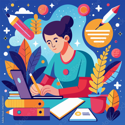 Young woman in teal shirt working at a desk with laptop and notes. Concentrated and writing with a pen at home office.