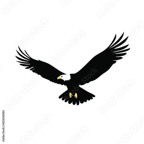 A striking black silhouette of a majestic eagle in full flight, its wings outstretched against a clean background. This vector embodies freedom, power, and wild nature.