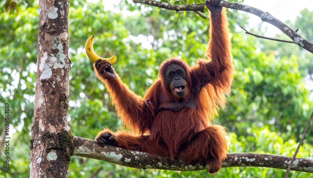 Naklejka premium Orangutan in rainforest treetop, holding a banana, playful expression.
