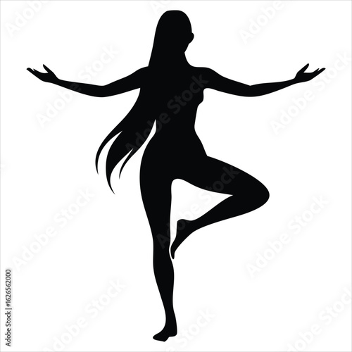 Silhouette of a graceful woman in a yoga tree pose Vrikshasana with arms outstretched symbolizing balance, serenity, and inner peace against a clean white background
