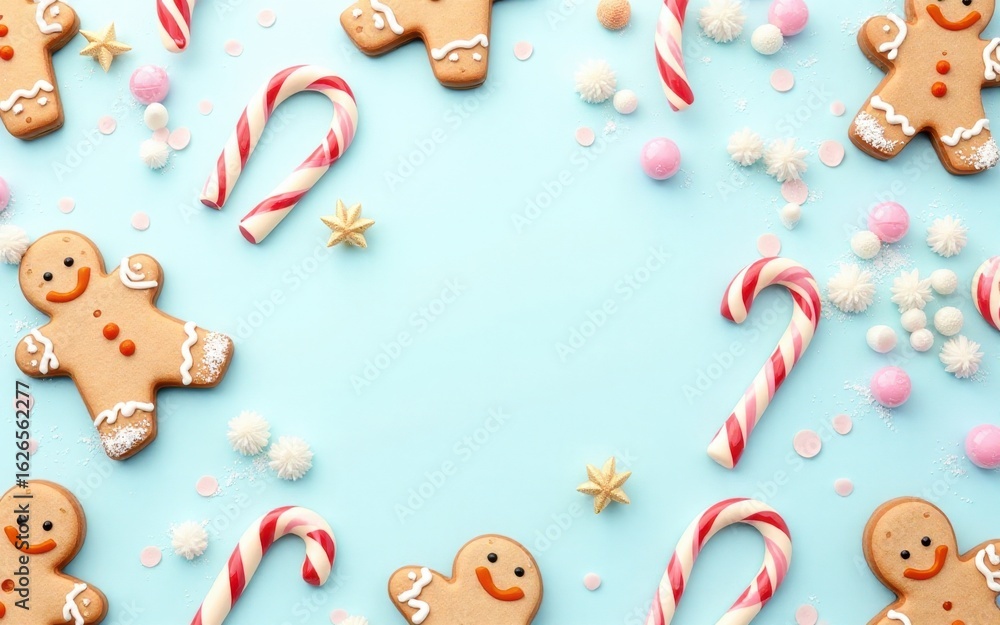 Naklejka premium Festive Christmas Gingerbread Men and Candy Canes on Blue Background: Flat Lay, Winter Holiday Treats, Sweet Treats