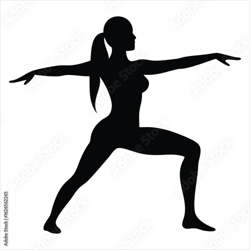 Silhouette of a woman performing the warrior II yoga pose showcasing strength, balance, and flexibility with arms extended and legs in a wide stance