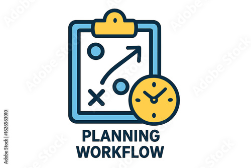Workflow planning strategy with clipboard and clock illustration planning workflow icons