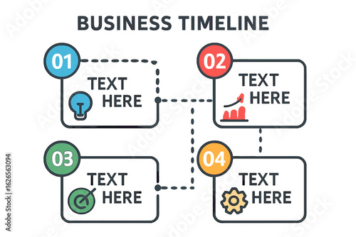 Business timeline infographic with four sequential stages and icons business timeline layout
