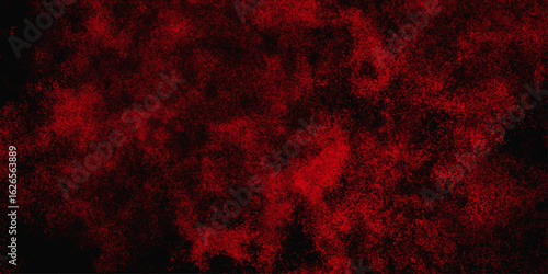 Red color powder explosion isolated on black background. Colorful dust explode. Paint Holi, dust particles splash. Network concept with spray. Futuristic technology element. 3D rendering.	