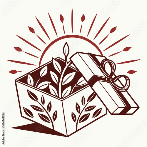 Vector illustration of an open gift box revealing plants, symbolizing eco-friendliness and surprise