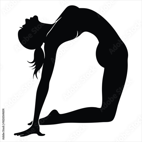 Silhouette of a woman performing the ustrasana yoga pose, also known as camel pose, on a white background showcasing flexibility and strength