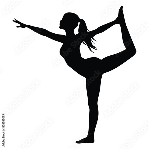Silhouette of a woman performing the natarajasana or lord of the dance pose in yoga showcasing balance and flexibility against a white background