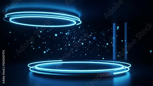  Empty futuristic product display podium with glowing blue neon lights and floating particles. Abstract technology stage or presentation background.
