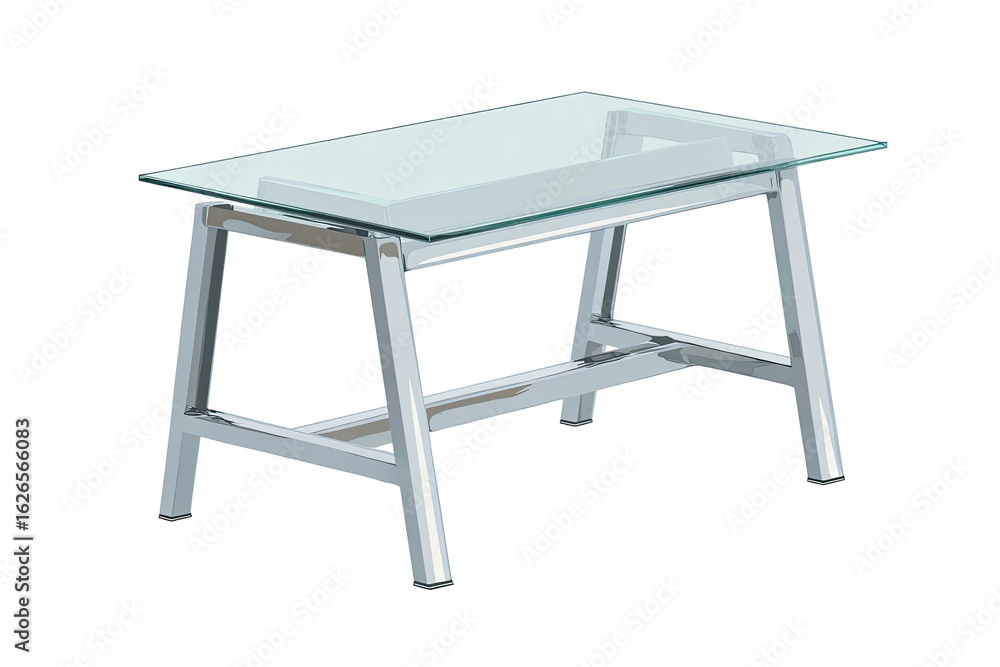 A rectangular desk with a clear glass top and a light gray metal frame A rectangular desk with a clear glass top and a light gray metal frame