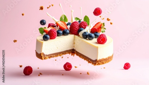 Delicious cheesecake with berries and white chocolate on pink.