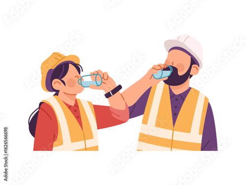 Construction worker couple drinking bottled water together, male and female labor rehydrating together. Illustration in flat style and cartoon, vector isolated on white background