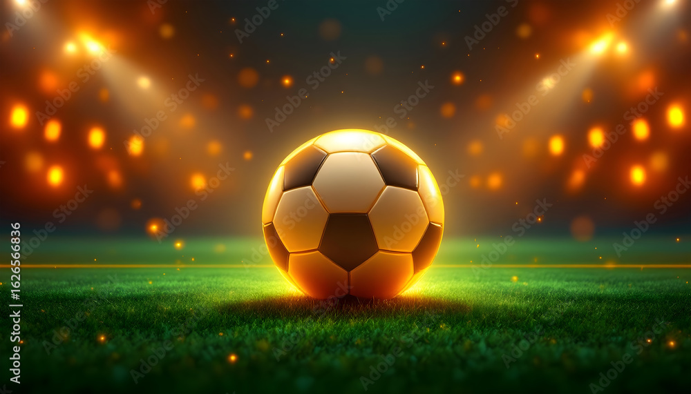 Naklejka premium Dynamic soccer ball glowing under stadium lights on a vibrant green field, ready for action