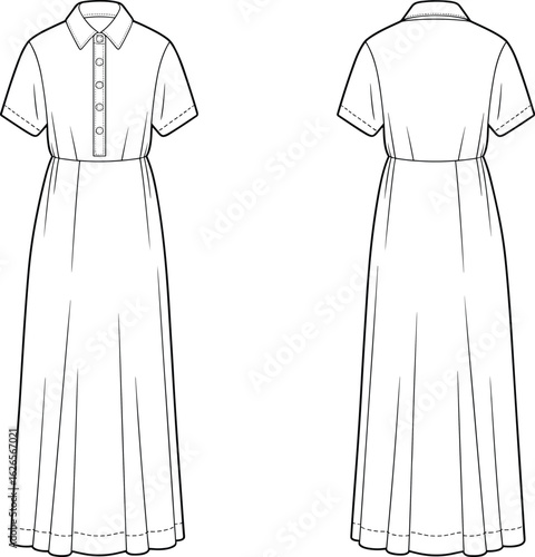 
Fashion flat vector illustration of short sleeve collared maxi dress with partial button placket, gathered waist, and flared skirt — front and back views