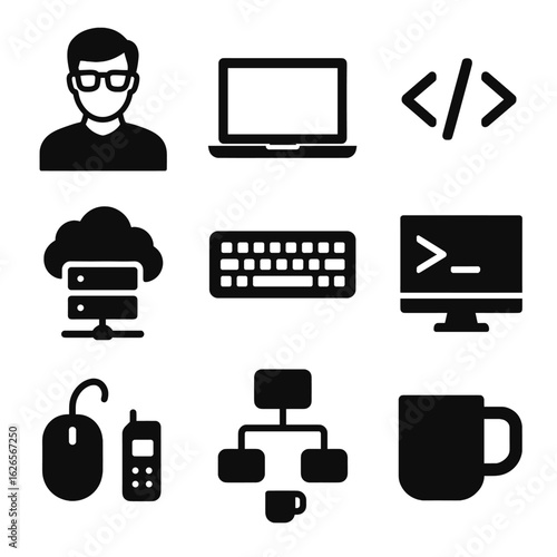 Programmer and developer icon set. Solid glyphs representing coding, software engineering, and computer technology essentials - software developer profession.