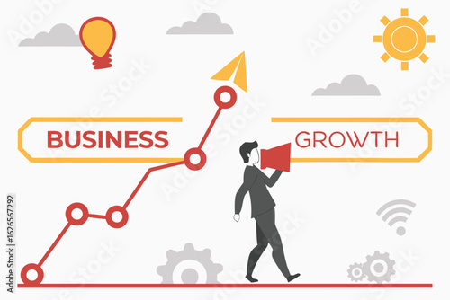 Illustration depicting business growth with a rising graph, a man with a megaphone, and business icons