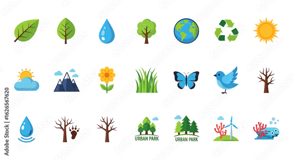 Naklejka premium Comprehensive set of flat design icons for nature and ecology. Vector symbols for environment, conservation, plants, animals, and green energy isolated on white.