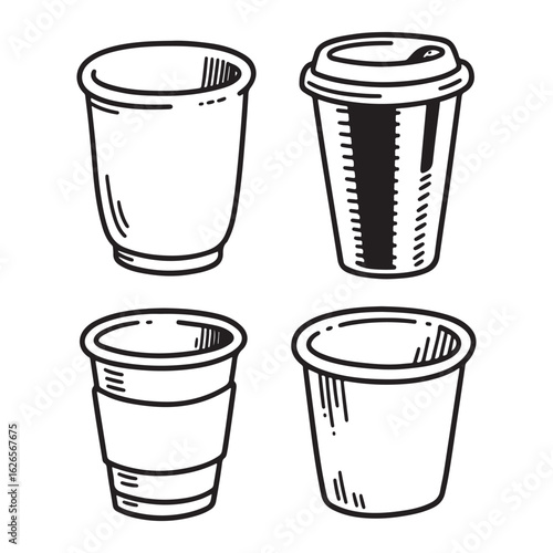 "Disposable Cup Designs in Monochrome Sketch Style