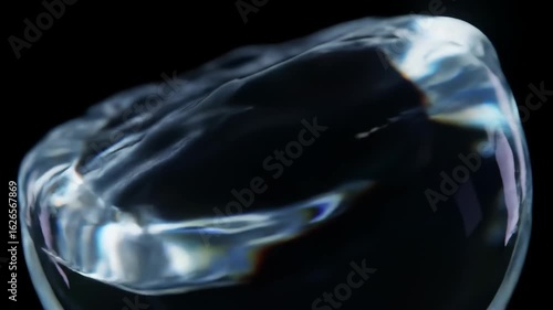  Mesmerizing macro shot of clear water rippling in slow motion on a black background. Abstract liquid surface and clean hydration concept.