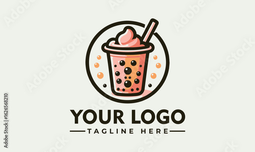 Stylized logo design for a bubble tea shop, featuring a graphic of a drink in a circular frame.