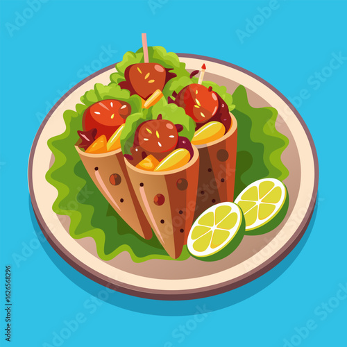 Colorful depiction of two burritos with fillings. garnished with lettuce and a lime wedge. on a plate.