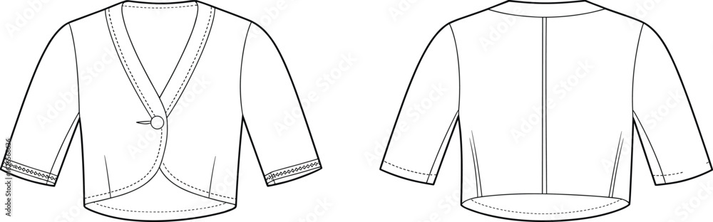 Flat vector fashion illustration of cropped buttoned cardigan with V-neck, half sleeves, curved hem, and decorative cuff details, front and back views
Flat vector fashion illustration of cropped buttoned cardigan with V-neck, half sleeves, curved hem, and decorative cuff details, front and back views
