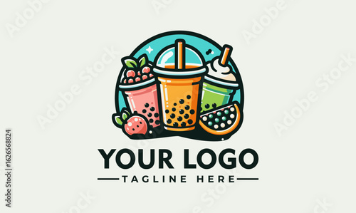 Vibrant logo featuring three bubble tea cups with assorted fruit.