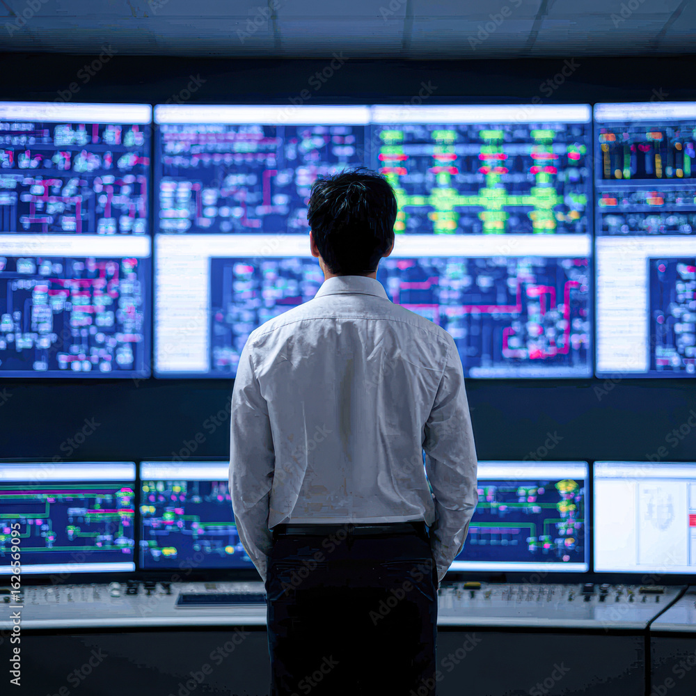 A person analyzes data on multiple digital screens in a control room, showcasing technology and information management. A person analyzes data on multiple digital screens in a control room, showcasing technology and information management.
