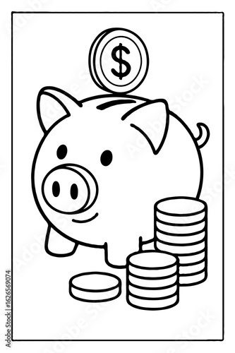 A cute piggy bank with coins, a financial education coloring page for kids.