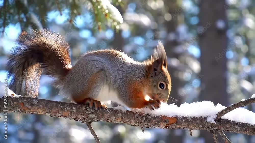 Red squirrel on snowy branch, winter forest, nature Red squirrel on snowy branch, winter forest, nature