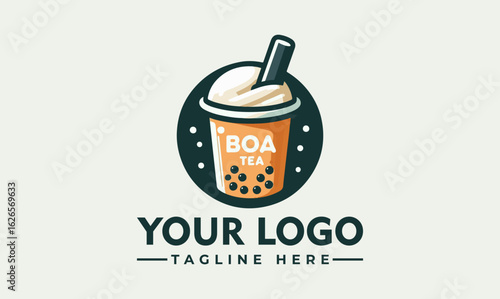 Cartoon logo design for a boba tea shop, featuring a stylized boba drink in a disposable cup.
