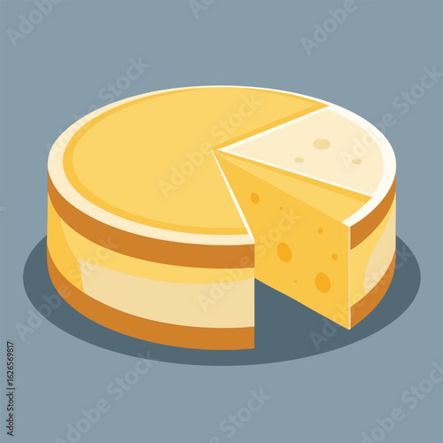 Yellow cheese wheel slice with layered design on a muted gray background. A portion of the wheel is missing. revealing the layered interior.