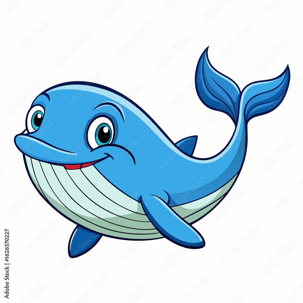 Obraz premium Cartoon whale character with friendly expression in ocean environment. Smiling whale with playful pose against a plain white background.
