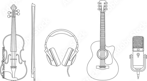 Illustration of a violin, bow, headphones, guitar, and microphone, representing music, instruments, and audio equipment, perfect for illustrating the world of music
