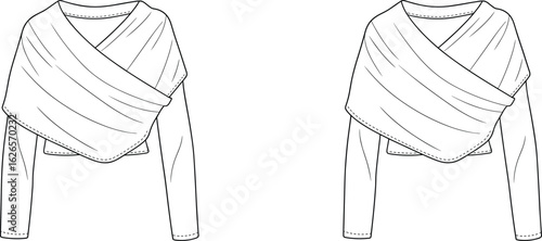 
Flat vector fashion illustration of women’s long sleeve top with asymmetrical draped crossover front and cropped silhouette, front and back views
