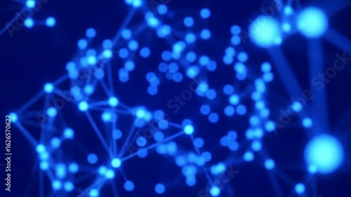  An abstract blue plexus network animation with soft focus and bokeh. A futuristic background representing technology, data connections, or science.