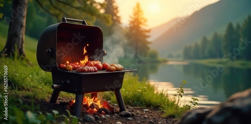 A rustic camping barbecue grill sits amidst a serene natural landscape, flames licking the cooking grate, ready for delicious food  Perfect for outdoor cooking and adventure themes ,  iron,  hot
