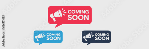 Colorful Coming Soon Notification Banners with Megaphone Symbol, Red, Blue, and Dark Blue Shapes, Flat Design